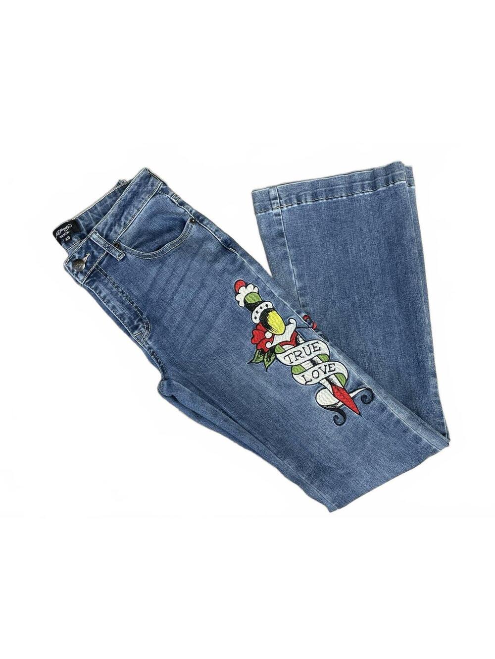 Ed Hardy Denim Size 28 Blue Embroidered Flare Jeans - Picture 2 of 6